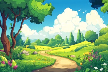 Wall Mural - Cartoon landscape with path through green meadow, trees and blue sky