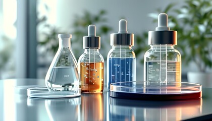 Futuristic lab setting featuring serum bottle and dropper alongside petri dishes in a clean, bright design