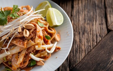 A plate of Pad Thai with chicken, bean sprouts, peanuts, and lime wedges on a wooden table.