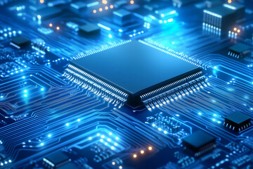 Poster - Close-up view of a modern microprocessor on a circuit board illuminated by blue LED lights