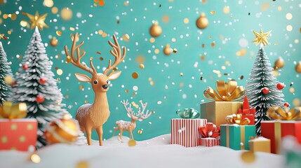 Christmas winter background with colorful 3D objects like deer, gift boxes, and snowy trees. There is also gold confetti and a Happy New Year message.