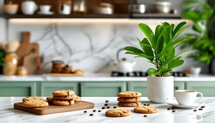 Wall Mural - Elegant kitchen scene featuring white marble countertop adorned with cookies and coffee, complemented by lush green plants for an inviting product display