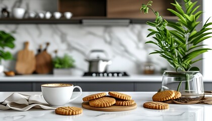 Wall Mural - Modern kitchen scene with white marble countertop, cookies, coffee, and vibrant green plants creating an inviting atmosphere for product display