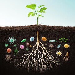 Soil microorganisms interacting with plant roots, emphasizing symbiotic relationships