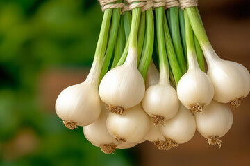 Freshly harvested white onions with green tops hanging against a blurred green background