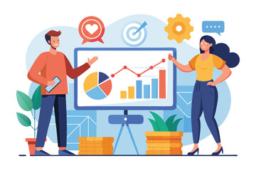 Poster - a man and woman evaluate market performance metrics while discussing strategies for improvement, a m