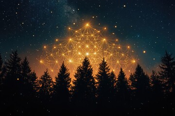 Wall Mural - sacred geometry patterns glowing in the night sky over a dark forest