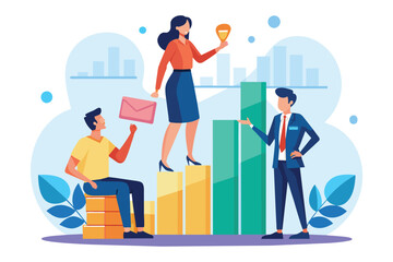 Poster - a man holds an envelope while a woman stands on a chart, and another man observes, all in a professi