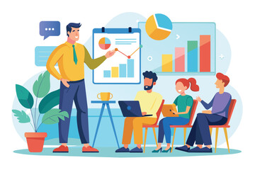 Poster - a coach explains statistics using a graph to engaged learners, a man coach uses a graph to explain s