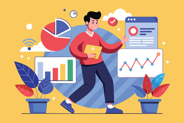 Poster - a man is actively engaging with trending data, surrounded by colorful charts and indoor plants in an