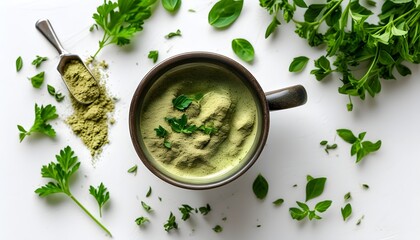 Wall Mural - Wellness Flat Lay: Mitanor Leaves and Powder with Fresh Herbs on a Crisp White Surface