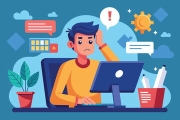 Poster - A man sits at a desk looking frustrated as he faces multiple computer errors with colorful notifications around him, A man is experiencing computer errors, flat illustration.