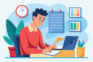 Poster - a man is focused on signing a contract at his desk, surrounded by a laptop, plants, and office suppl