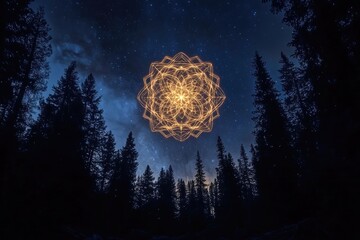 Wall Mural - sacred geometry patterns glowing in the night sky over a dark forest