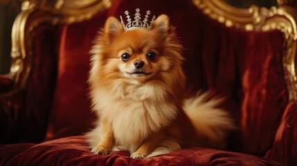 A charming Pomeranian adorned with a small crown is comfortably seated on a plush velvet cushion. The surroundings reflect regal elegance, enhancing the dog's noble appearance