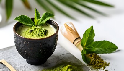 Health benefits of Mitanor leaves and matcha tea highlighted by fresh herbs and vibrant powder in a serene flat lay composition