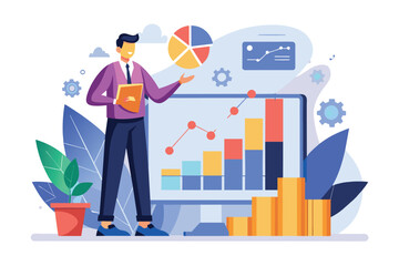Poster - a man demonstrates flat growth charts to colleagues in a modern office environment, engaging effecti