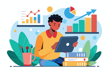 Poster - a man engages with data on a tablet, focusing on growth metrics amid vibrant graphs and statistics, 