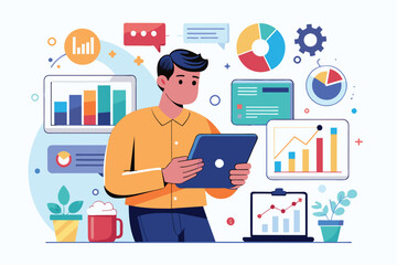 Poster - a man is engaged in analyzing various infographics on his tablet while surrounded by charts and grap