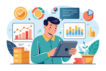 Poster - a man is focused on analyzing data infographics using a tablet amidst visuals of graphs and charts, 