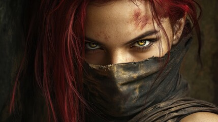 Wall Mural - Medieval assassin character female model with long red hair looking seriously background wallpaper AI generated image