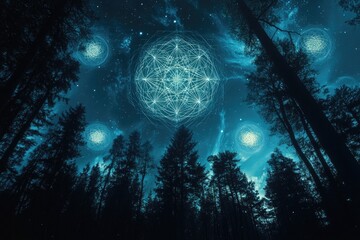 Wall Mural - sacred geometry patterns glowing in the night sky over a dark forest