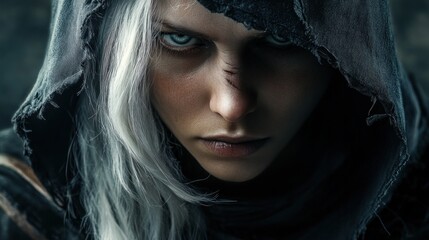 Woman assassin medieval warrior white hair witch magic character mysterious wearing a black hood background wallpaper AI generated image