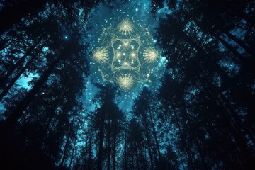 Wall Mural - sacred geometry patterns glowing in the night sky over a dark forest