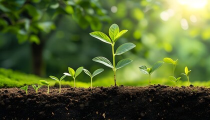 Wall Mural - Nurturing sapling in fertile soil surrounded by vibrant greenery, celebrating natures growth and sustainability for Earth Day and springtime gardening