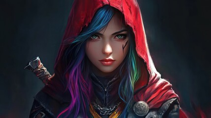 Woman assassin medieval warrior knight rainbow hair character wearing a hood background wallpaper AI generated image