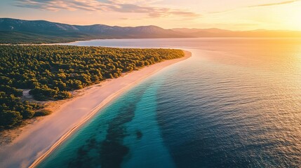 Summertime aerial image of Zlatni Rat, Croatia's Brac island, and the turquoise sea. View from the top of a drone of the Adriatic Sea, a sandbank, a white sand beach, greenery, and blue water 