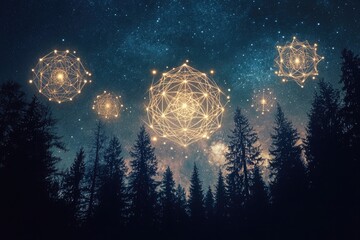 Wall Mural - sacred geometry patterns glowing in the night sky over a dark forest