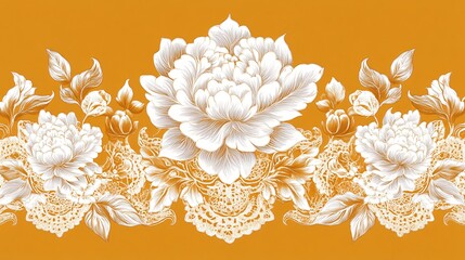 White floral lace design on an orange background.