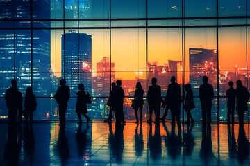 Silhouettes of people looking out at a city skyline during a sunset