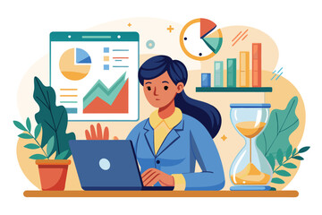 Poster - a woman focused on data analysis while using a laptop, surrounded by charts and an hourglass, a woma