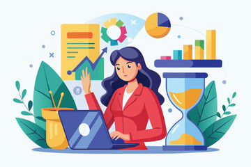 Poster - a woman in a red jacket actively analyzes data on her laptop, surrounded by charts and an hourglass,