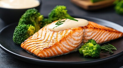 This dish features succulent salmon fillet drizzled with a rich creamy velout? sauce, accompanied by tender broccoli, elegantly presented on a sleek black plate.