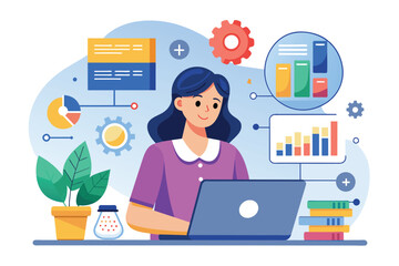 Poster - A woman engages in data analysis using a laptop, surrounded by graphs and plants in her workspace, A woman handles data, simple picture.