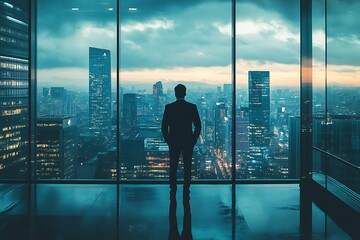 Wall Mural - Silhouette of businessman looking out office window at cityscape at night