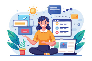 Poster - A woman sits cross-legged on the floor, managing a website with digital graphics surrounding her, A woman is hosting a website, shown in a flat illustration.