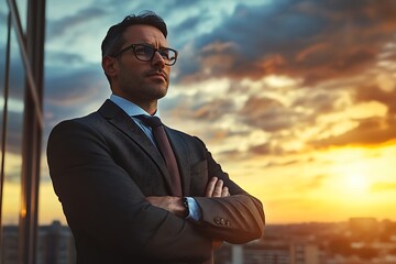 Wall Mural - Confident businessman in suit looking out over city skyline at sunset