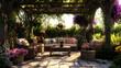 © Stock Source - Cozy patio with stylish outdoor furniture floral decorations and a relaxing ambiance perfect for enjoying the outdoors