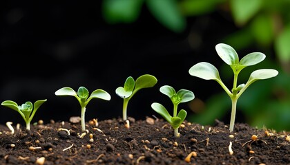 Wall Mural - Nurturing the Future: Stages of Growth from Seedling to Sprout on a Dark Canvas of Soil and Roots