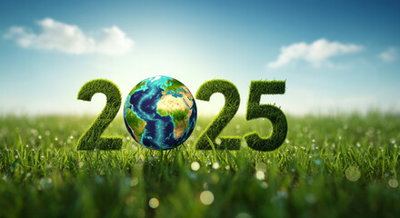 Earth representing sustainability in 2025 with a green grass planet and vibrant landscape