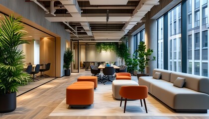 Wall Mural - Contemporary office space featuring an empty lounge area and meeting furniture, with a bokeh effect and potted plants enhancing a modern work environment