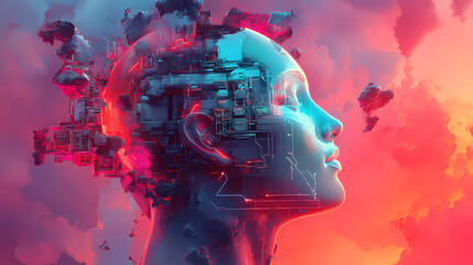 Futuristic 3d collage of creative mind interfacing with ai machine - colorful digital art. Digital Collage. Illustration