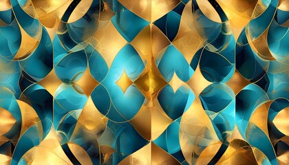 Wall Mural - Elegant abstract art deco pattern in gold and teal, featuring intricate geometric designs ideal for wallpapers or stylish backgrounds.