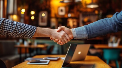 A handshake between two colleagues in a cozy coffee shop, with laptops open on the table, a casual and friendly atmosphere