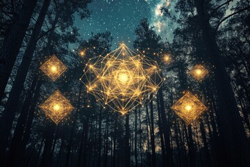Wall Mural - sacred geometry patterns glowing in the night sky over a dark forest