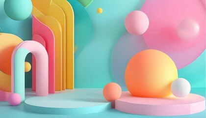 Wall Mural - Vibrant Abstract Background Featuring Colorful Geometric Shapes and Pastel Spheres for Creative Displays and Digital Art